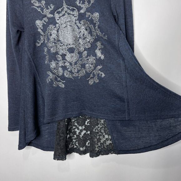Harley Davidson Long Sleeve Top Lace Flowy Navy Blue Gems Women's M - Picture 2 of 10